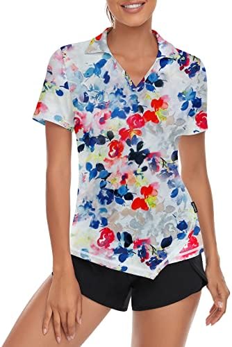 Women V-Neck Golf Polo Shirt Quick Dry Lightweight Short Sleeve T-Shirts Floral, Large