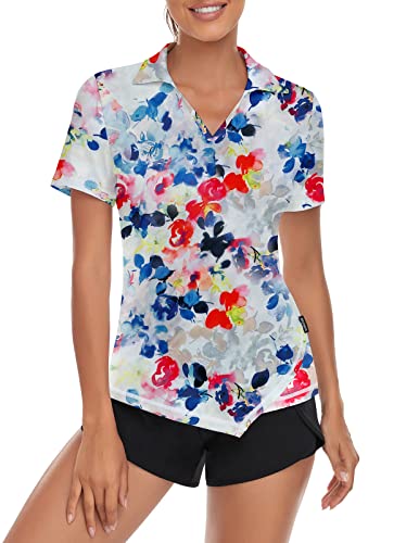 Women V-Neck Golf Polo Shirt Quick Dry Lightweight Short Sleeve T-Shirts Floral, Large #TOP8