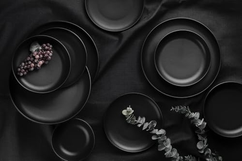 Elegante juego de cena de 16 piezas, color negro mate, 100% porcelana, incluye platos de servicio, platos profundos, platos para tartas y cuencos, apto para lavavajillas y microondas