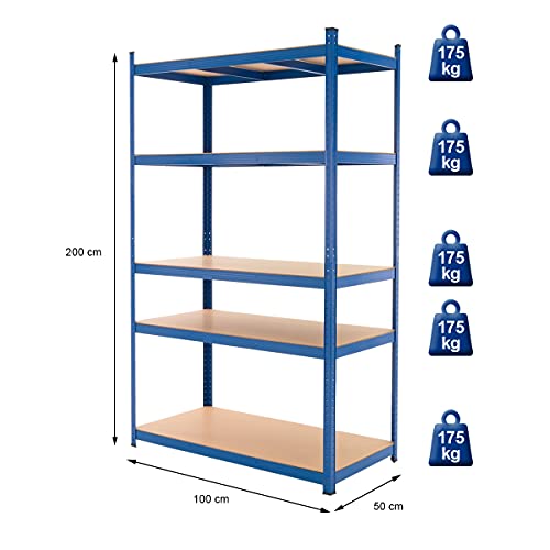 Miniatura 2 de Ecd Germany Juego De 2 Estanterías Para Cargas Pesadas 200x100x50 Cm De Metal Recubierto De Polvo Azul Con 5 Estantes De Madera Mdf Cargable Hasta 875kg Montaje Sin Tornillos Banco De Trabajo Taller