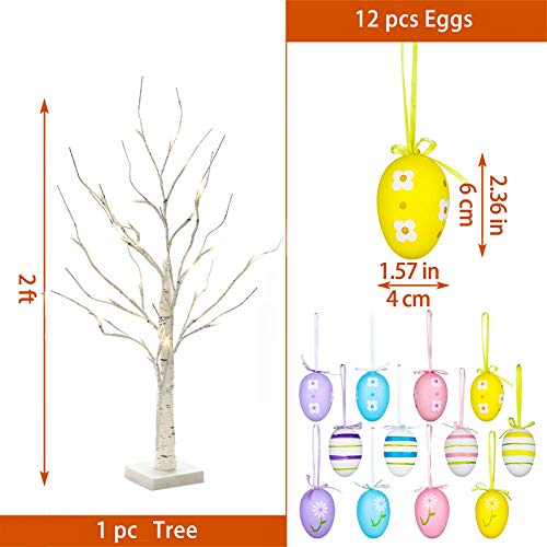 Easter Decorations, DIY Artificial Tree Lamp 24 inch Easter Tree White Birch Tree with Set of 12 Hanging Easter Egg Ornaments for Easter Home Decoration Wedding Holiday Party Birthday Indoor Use - Thumbnail 3