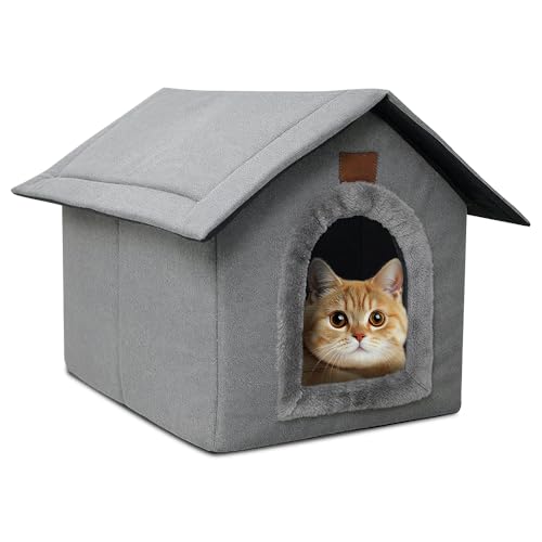 DAJASD Casetta Per Gatti All'Esterno Antipioggia, Cuccia Per Gatti Impermeabile, Rifugio Per Gatt Randagi Resistente Alle Intemperie con Cuscino in Peluche Pieghevole 40 * 35 * 40cm(Grigio Chiaro, M)