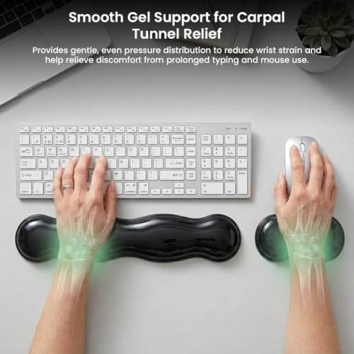 Image of Mouse & Keyboard Wrist Rest Pad Set of 2 Black Silicone Gel Hand Rest Non-Slip Footpad 14 inch Ergonomic Design Wrist Support for Office Computer Laptop Mac Typing Pain Relief Desk Gaming Accessory