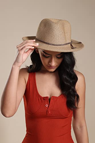 Image of Joywant Womens Straw Fedora Beach Sun Hat, Packable Wide Brim Panama Hat for Women UV UPF50+ Summer Hat