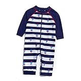 BONVERANO Kleiner Junge Badeanzug EIN Stück Extra Langer Reißverschluss Mit Badekappe UV-Schutz 50+ (Boot, 9-12Months)
