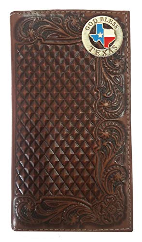 Custom God Bless Texas Tan Floral Weave Long Top Grain Leather Rodeo Wallet