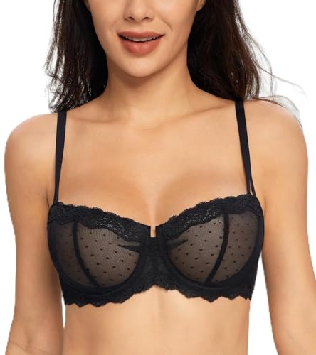 Lemorosy Women's Balconette Push Up Bra Unlined Non-Padded Half Cup Lace Sheer Underwire(Black 36C)