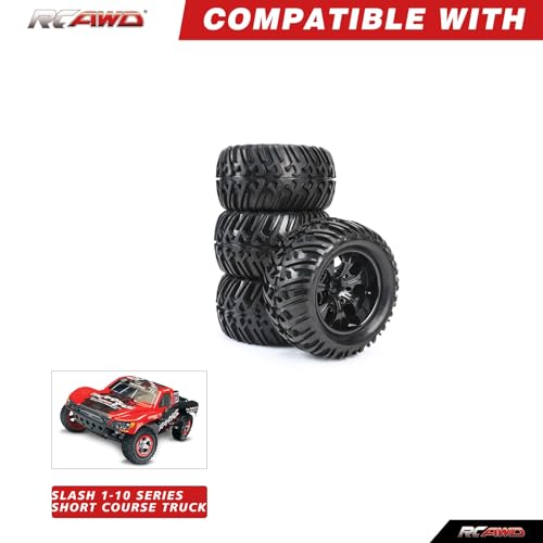 RCAWD Pre-Glued Wheel Tire Set Upgrades for Traxxas Slash 4X4 & Slash 2WD & Hosim & LAEGENDARY & DEERC 1/10,All for 12mm Hex Adapter 1/10 Monster Truck Part LG-013BL