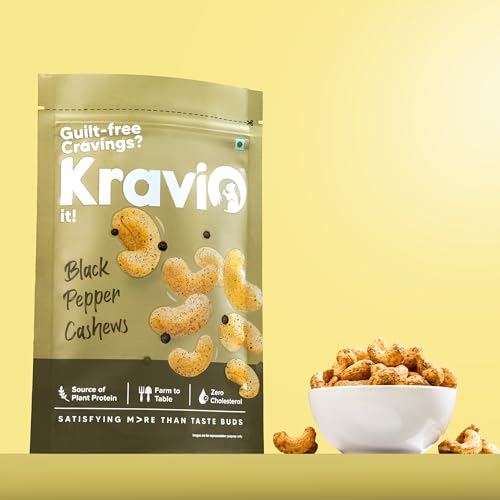 Image of Kravio Premium Black Pepper Roasted Cashew Nuts 200g | Zero Cholesterol Natural Jumbo Size Whole Kaju Nuts & Dry Fruits | Rich in Protein, Roasted Crunchy Delicious Healthy Snacks