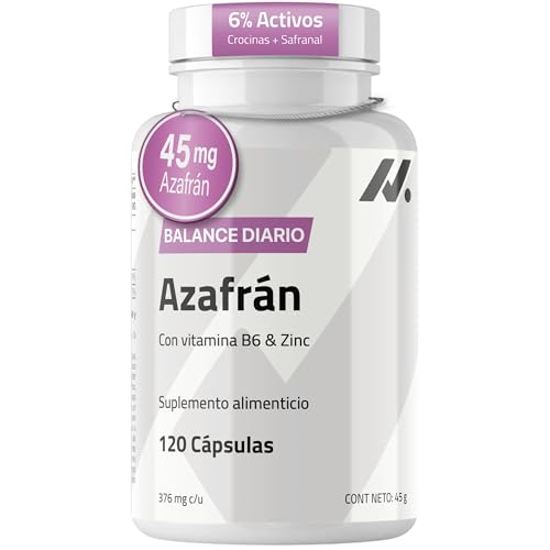 Azafrán 45mg, 6% Crocinas + Safranal para el Estado de Ánimo y Vitalidad | Con Vitamina B6 y Zinc | Sin Gluten, Lactosa, Cafeína, Apto para Veganos | 120 Cápsulas | Nyvos