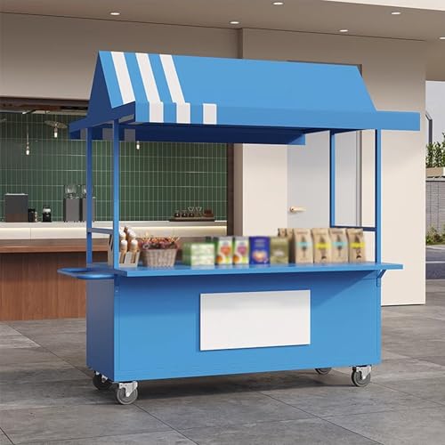 Mobile Cart with Wheels Selling Food, Vending Iron Cart with Canopy, Customizable Logo, for Street Food, Handicrafts, Snacks(Blue)