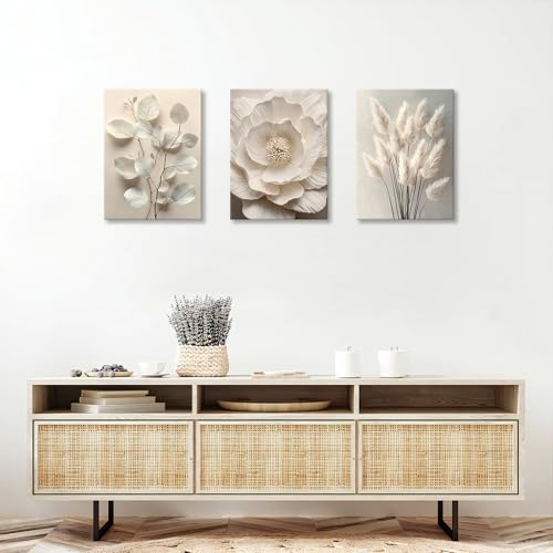 3Pcs Neutro Beige Floral Planta Marco de madera Cuadros Decoracion Salon,3D Textura Flor Botánico Cuadros Pintura Lienzos decorativos Dormitorio Comedor Decoración de Pared Listo para colgar 30x40cmx3 - imagen 3