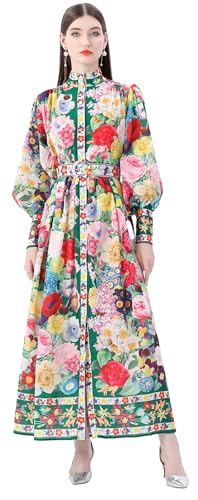 LAI MENG FIVE CATS Women's Puff Sleeves High Collar Floral Printed Buttons Front Slits Flowy Maxi Dress with Belt