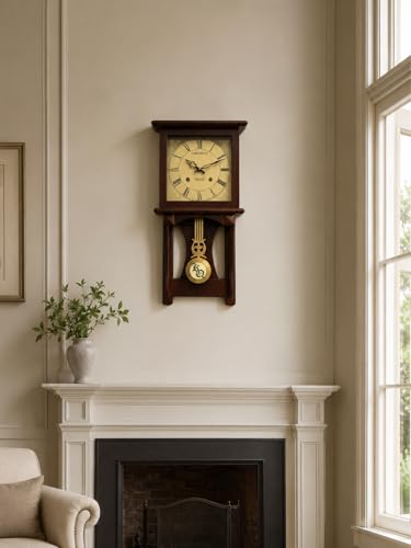 Image of Premium Wooden Pendulum Wall Clock with Musical Chime Sound, Roman Figure Golden Dial, Silent Sweep Quartz Movement, Classic Brown Finish, Battery Operated Decorative Wall Clock (22 x 11 x 3.5 Inch)