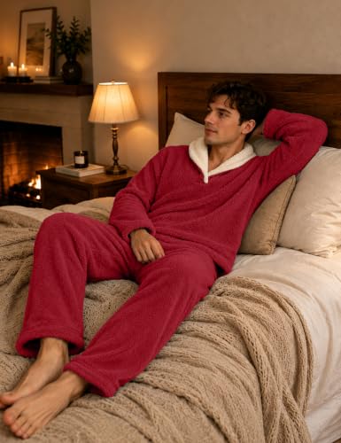 Image of Mens Fluffy Coral Fleece Pajamas Set Pullover Pants Loose Plush Warm Loungewear Sleepwear