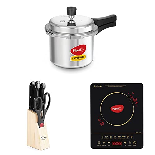 Image of Aluminium Pressure Cooker, 3 Litres, Silver & Pigeon Shears Wood Kitchen Knife Set, 6 Piece - (Black) & ABS Plastic Acer Plus Induction Cooktop 1800 Watts - Black