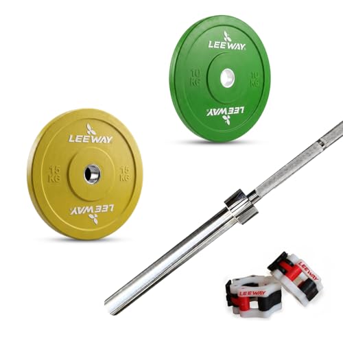 Leeway Olympic Barbell with Color Bumper Weight Plates | 50 Kg Rubber Weight Plate Set and 7.2 Ft & 20kg Otis Chrome Gym Bar | Olympic Weightlifting G