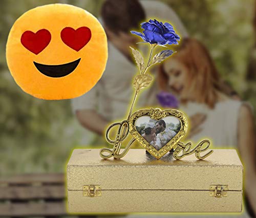 INTERNATIONAL GIFT® Blue Rose Flower 25 cm with Photo Frame Love Stand with Luxury Golden Gift Box Packing with Emoji Heart Smiley Pillow/Cushions-image-46