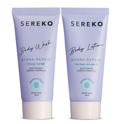 Image of Sereko 48H Skin Relief Body Wash and Lotion Travel Combo | Urea Treatment for Strawberry Legs, Detan, Brightening |Gentle Exfoliating, AHA & BHA Free for Very Dry, Flaky Skin 60ml