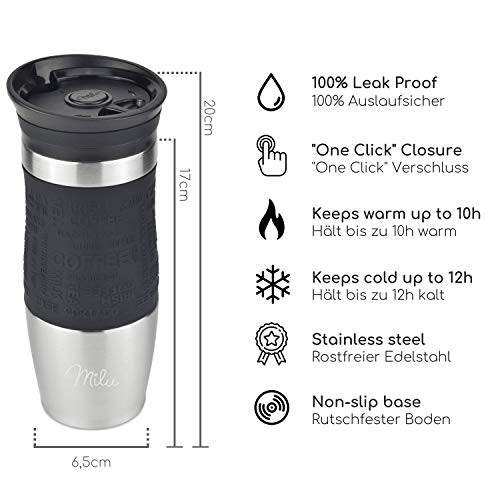 Milu Taza Aislante de café y té para Llevar 370ml 450ml - 100% a Prueba de Fugas - Taza de Acero Inoxidable para Beber - Vaso de Aislamiento al vacío - Caliente y frío (Negro, 370ml) - Imagen 5