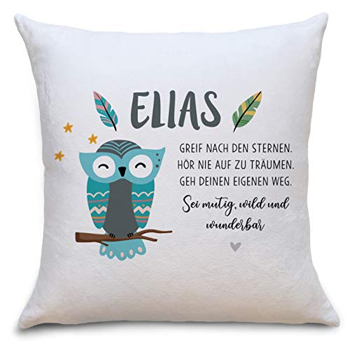 OWLBOOK Eule Boho Flauschiges Kissen mit Füllung Personalisiert mit Namen Geschenke Geschenkideen für Jungs Jungen zum Geburtstag Geburt Baby Kind