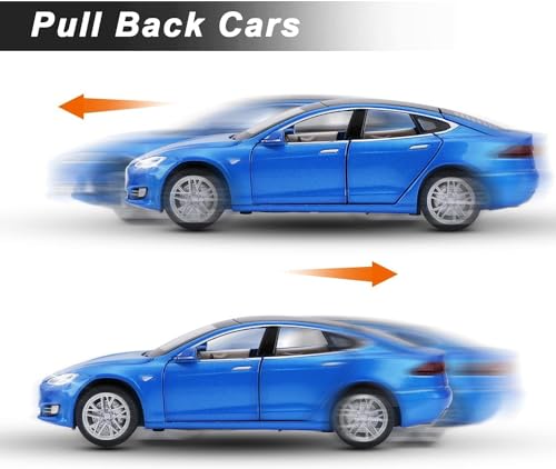 Image of Invite Enterprise Tesla Model 66063 1:32 Scale Alloy Diecast Model Metal Pull-Back Car With Sound Light And Opening Doors: A Kids' Toy Vehicle Gift (1:32 Tesla - Blue)