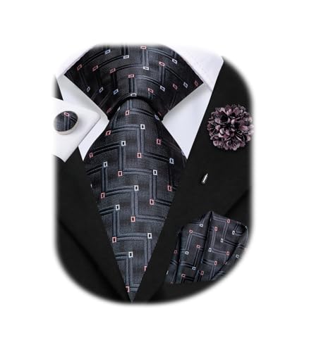 Image of Hi-Tie Men Silk Ties Set with Flower Lapel Pin Necktie Pocket Square Cufflinks for Tuxedo Wedding Business