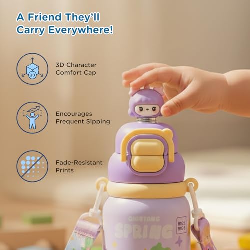 Image of Mee Mee Oasis Sip Kids Insulated Water Bottle 460ml | SUS316 Stainless Steel | 3-in-1 Straw, Spout & Sip Lid | Leakproof School Bottle for Kids | 12H Cold & 8H Hot | BPA-Free Sipper with Strap