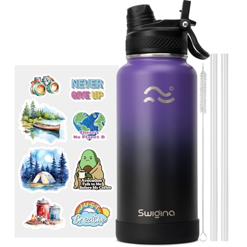 Image of Swigina [2-IN-1 LID] Insulated Water Bottle with Silicone Boot (36hrs Cold /18hrs Hot) - DIY Stickers, Leakproof, BPA Free, 32 oz