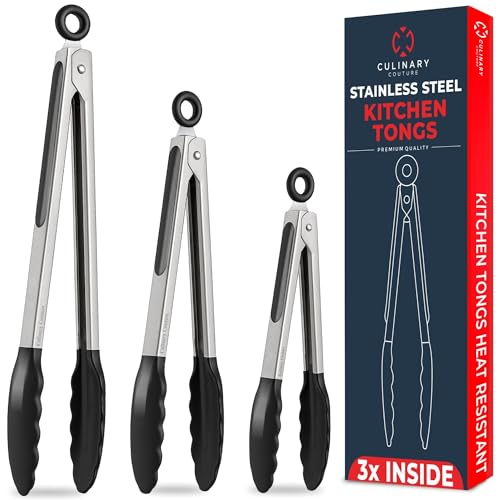 Kitchen Tongs with Silicone Tips Set of 3 Heat Resistant Tongs for Serving Food 12-Inch 9-Inch 7-Inch Locking Silicone Tongs for Cooking Salad Tong Black Kitchen Utensils