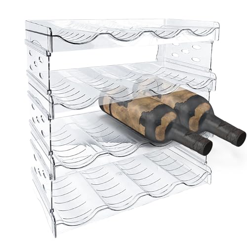 Wholesoukyii 4 Pisos Botellero Frigorifico, Capacidad para 16 Botellas, Plástico de Material, Botelleros Vino Apilable, Extraíble, Apto para Botellas, Bebidas, Vasos (Transparente)