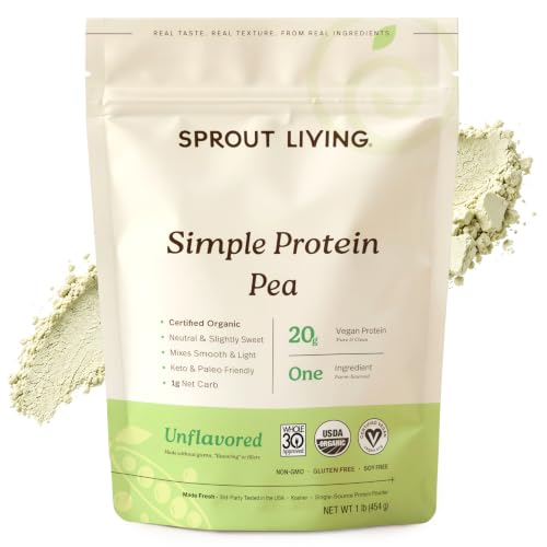 Sprout Living Organic Pea Protein Powder, Unflavored, 20 Grams of Plant Based Organic Protein Powder Without Artificial Sweeteners, Non Dairy, Non-GMO, Vegan, Gluten Free (1 Pound, 19 Servings)