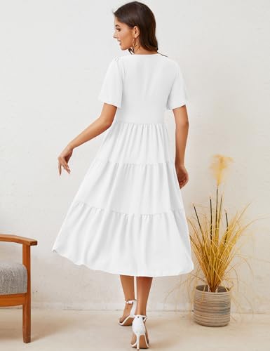 MIDNIGHTSUN Women's Smocked Midi Dress V Neck Flutter Short Sleeve Summer Tiered Dress4