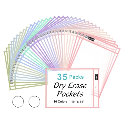 SUNEE 35 Packs Oversized Reusable Dry Erase Pocket Sleeves with 2 Rings, 10 Morandi Colors 10x14 Ticket Holders, Clear Plastic Sheet Protectors, Teacher School Classroom Supplies