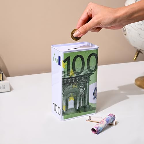 Image of Market99 Rectangular Money Bank | Green Tin Coin Bank with 100 Euro Note Print & Glossy Finish | Decorative Piggy Bank for Kids & Adults | Fun Savings Box for Home, Office Desk & Gifting Purpose