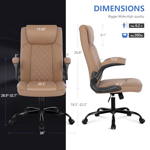 Image of Misolant Executive Desk Chair, Modern Office Chair, Ergonomic High Back Computer Chair, Brown PU Leather, Flip Up Armrest, Adjustable Height