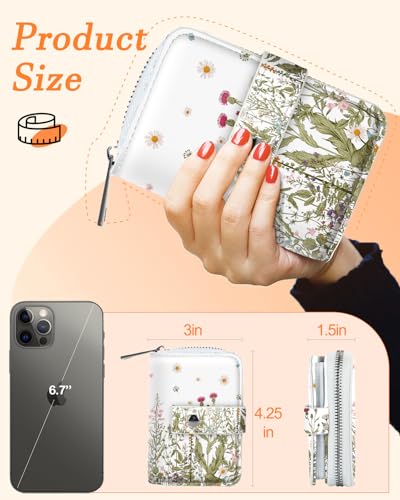 Credit Card Holder Wallet for Women Ladies Cute Small Teen Girls Female Rfid Cardholder Wallets Organizer Purse Girly AestheticUnique Zipper, Plant Flower2