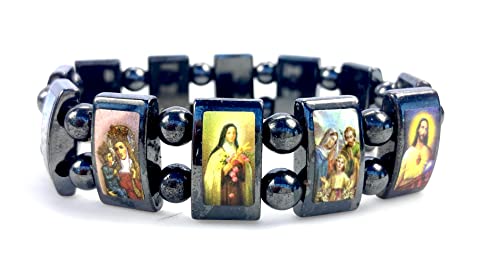 Purple Whale Unisex Created Hematite Beaded Bracelet with Assorted Images of Saints, Jesus, Guardian Angels | Religious Adjustable Bracelet | Ideal Catholic Jewelry Gift (Blue)