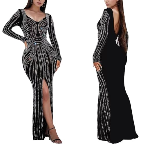 Image of PORRCEY Women's Sexy Rhinestone Lace Sheer Mesh Formal Evening Dress