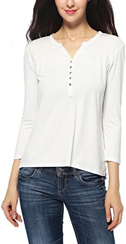 Women's V-Neck 3/4 Sleeve Organic Bamboo T-Shirt Henley Top,White,XXL