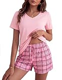 Bresdk Pijamas Mujer Verano Corto Conjunto de Pijama de Algodón Manga Corta Tallas Grandes Camiseta con Cuello de V y Pantalón Corto a Cuadros Suave y Cómodo, A - Rosa, L
