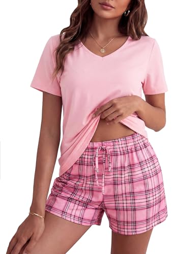 Bresdk Pijamas Mujer Verano Corto Conjunto de Pijama de Algodón Manga Corta Tallas Grandes Camiseta con Cuello de V y Pantalón Corto a Cuadros Suave y Cómodo, A - Rosa, M