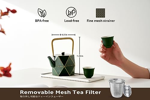 toptier Japanese Cast Iron Diamond Design Teapot Coated with Enameled Interior for 30 oz with Stainless Steel Infuser, Stovetop Safe (Green, 900 ml)
