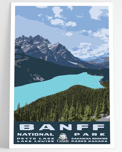 GO SEE DESIGN Banff National Park Travel Poster/Postcard - 8x10-12x18-18x24-24x36 / 4x6 WPA Style Art Print Peyto Lake Parks Canada Parcs Canada Alberta (4x6 Inch Postcard)