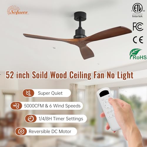 Image of Sofucor 52 Inch Modern Solid Wood Ceiling Fan No Light for Indoor Outdoor