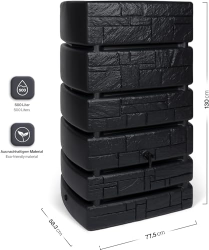 Kreher XXL Wassertonne Tower Stone mit Wasserhahn. Tolle Stein Optik in Anthrazit/Grau, 500 Liter Nutzungsvolumen. Maße (BxTxH): 77,5 x 58,3 x 130 cm (Anthrazit)
