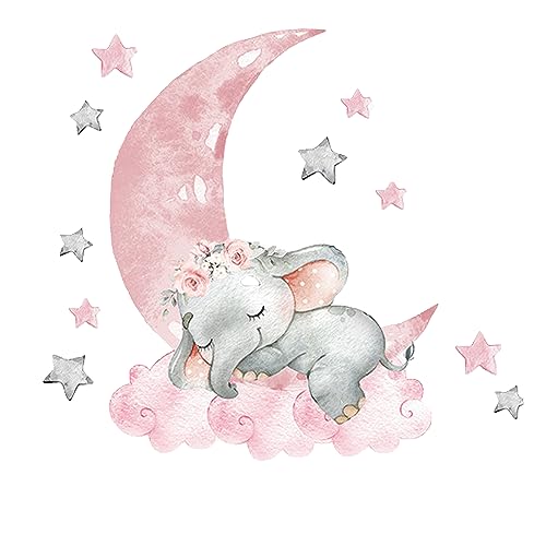Image of Cute Nursery Elephant Wall Stickers with Pink Moon and Stars Wall Decals for Nursery Kids Room, Living Room, Bedroom Decorations, Home Decor Baby Shower Decorations