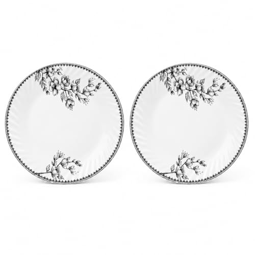 Image of Melvio By Malti 2 Pcs Dinner Plate Set for Dining & Serving | Premium Melamine Full Plates with Elegant Floral Design | Microwave & Dishwasher Safe Plates for Lunch, Dinner, Roti | White, 11 Inch