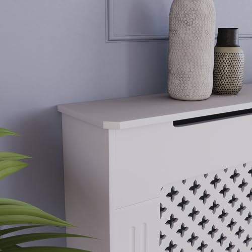 Vida Designs Oxford Radiator Cover White - Medium - Traditional Cross Pattern Design For Optimal Heat Circulation - H82xW111xD19cm - Painted MDF Cabinet Ideal For Living Room & Hallway