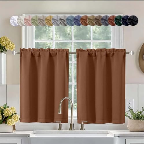 Image of Aiyufeng Sun Baked Short 36 Inches Blackout Curtain 2 Panels Set, Half Window Rod Pocket Privacy Curtain Tiers for Kitchen, Curtains Blackout for Bathroom Shades, W40 x L36 Inch, Sun Baked